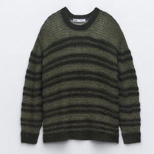 Zara khaki green touch of alpaca striped open knit oversized sweater NWT